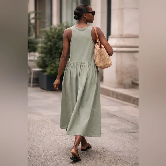 NWT COS Contrast Panel Cotton Sleeveless Sage Green Maxi Dress Size L - Picture 4 of 16